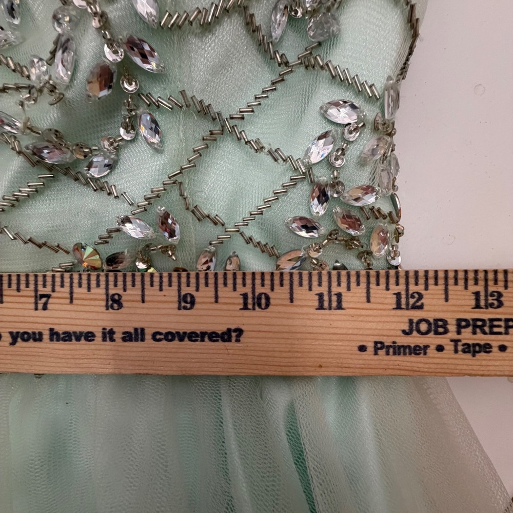 Clarisse Mint Beaded Homecoming Dress Size 2 Illusion Neck Rhinestone Fit Flare - Picture 14 of 14